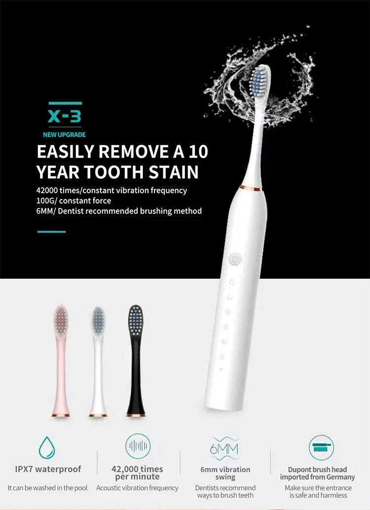 Electric Ultrasonic Toothbrush USB Charging Waterproof Adult